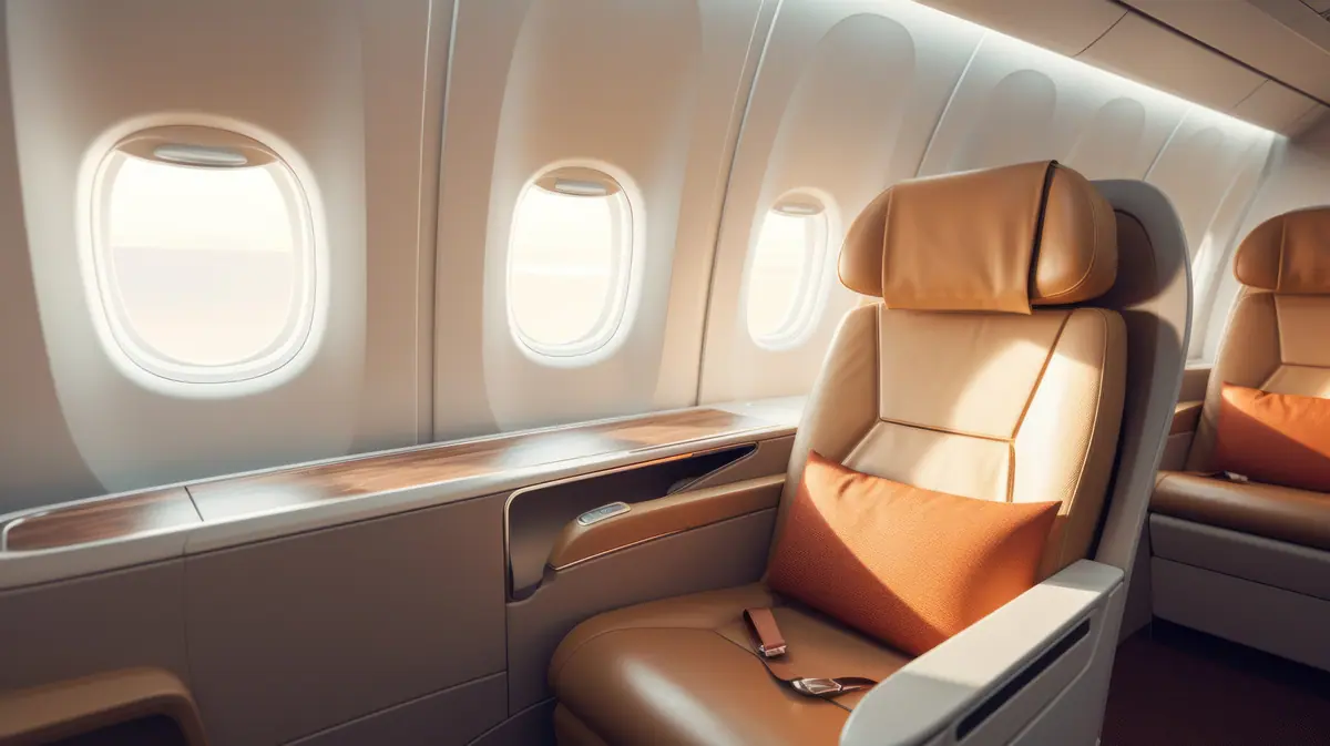 A First Class seat by the window of an aircraft cabin