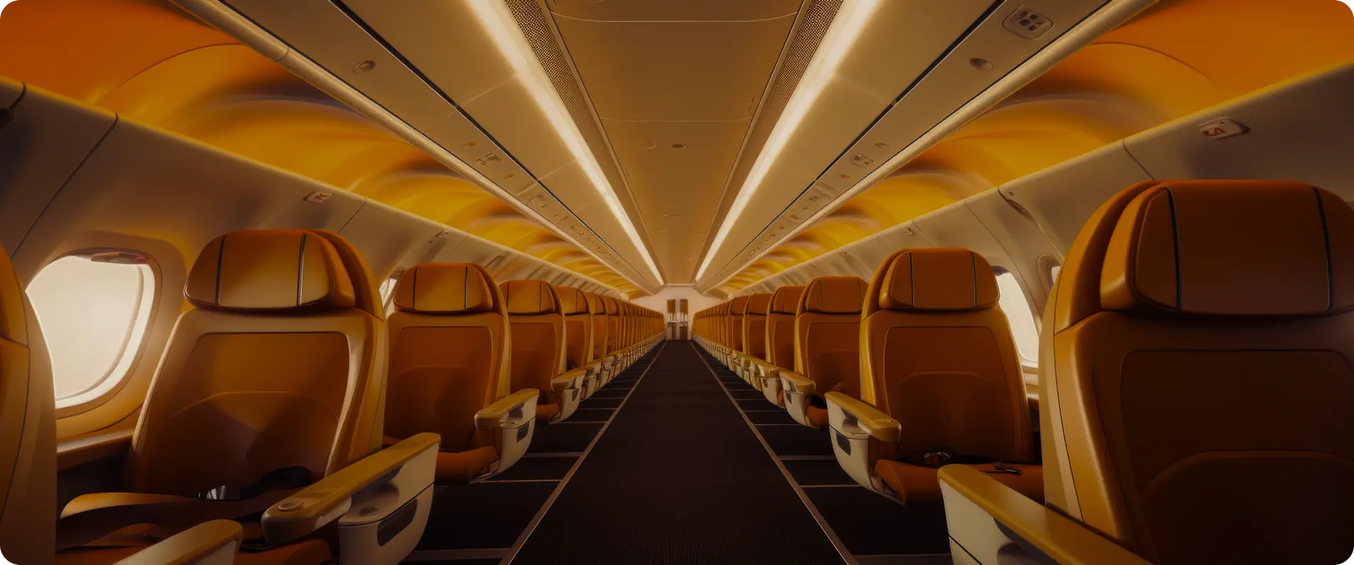 A quiet business class cabin with lie-flat seats